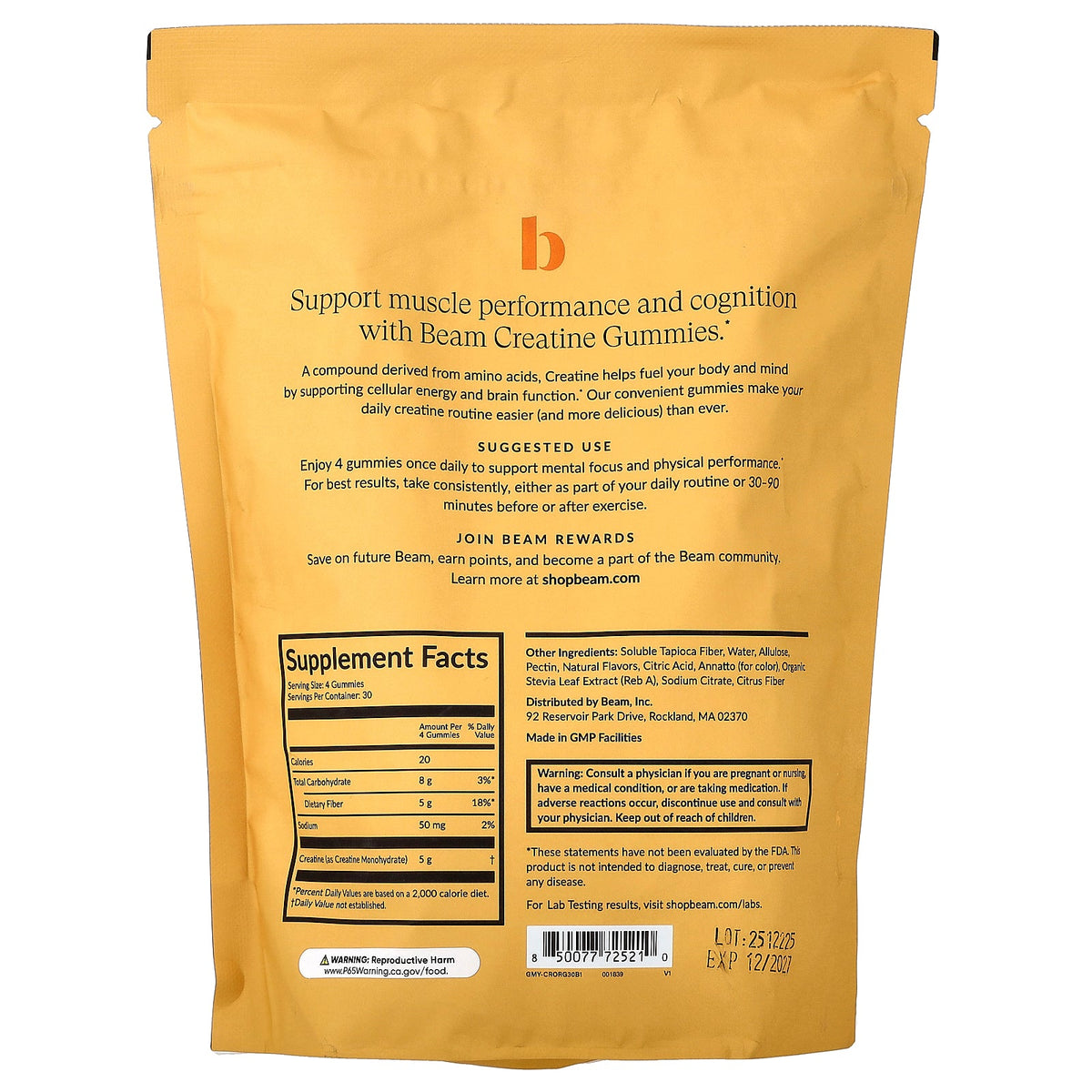 Beam, Creatine Gummies, Orange, 120 Gummies (1.25 g per Gummy)