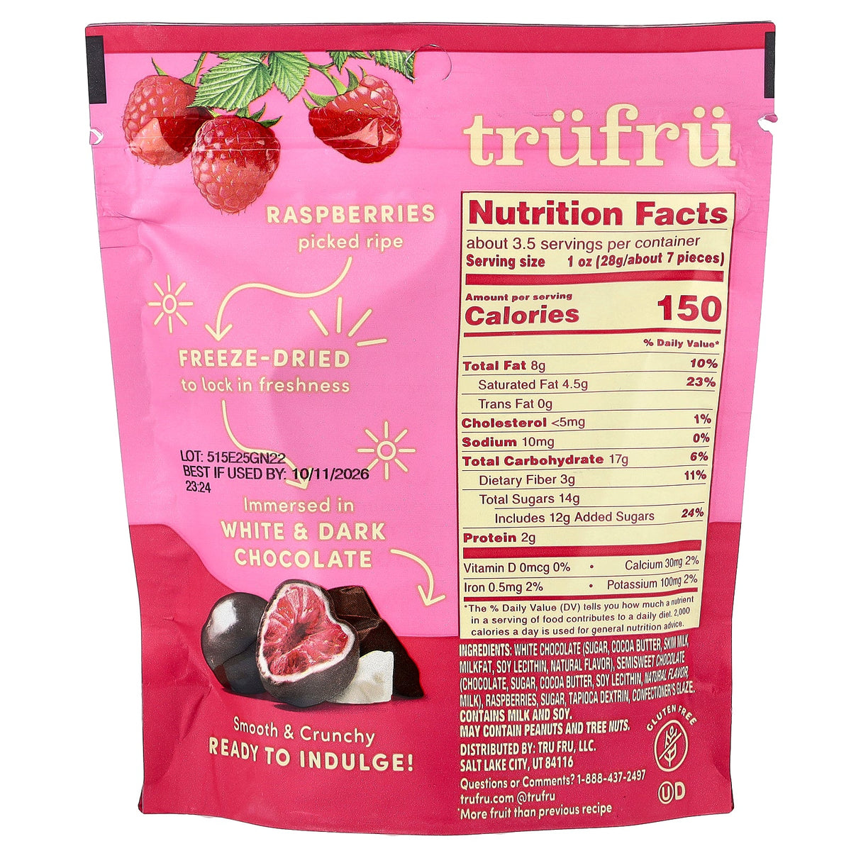 Tru Fru, Freeze-Dried Raspberries, Dark + White Chocolate, 3.4 oz (96 g)