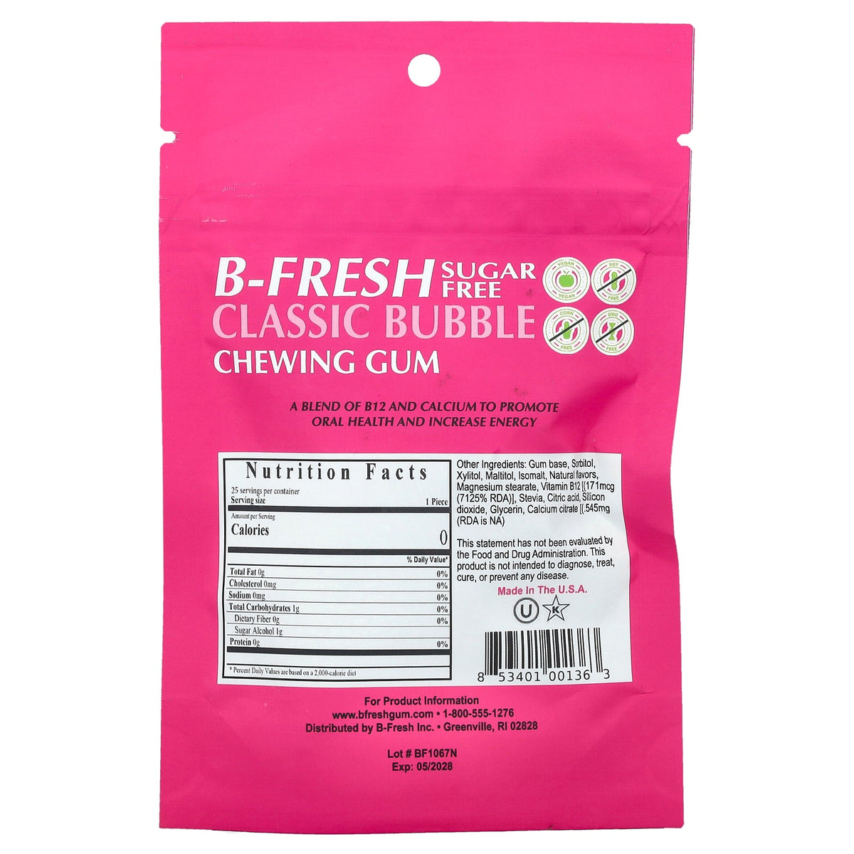 B-Fresh, Chewing Gum, Sugar Free, Classic Bubble, 25 Pieces, (50 g)