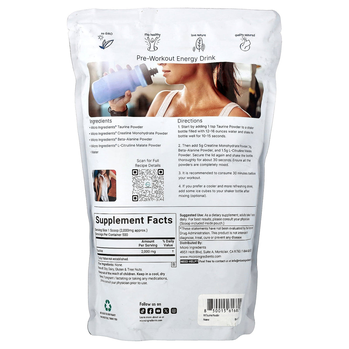 Micro Ingredients, Pure Taurine, Unflavored, 2.2 lb (1 kg)
