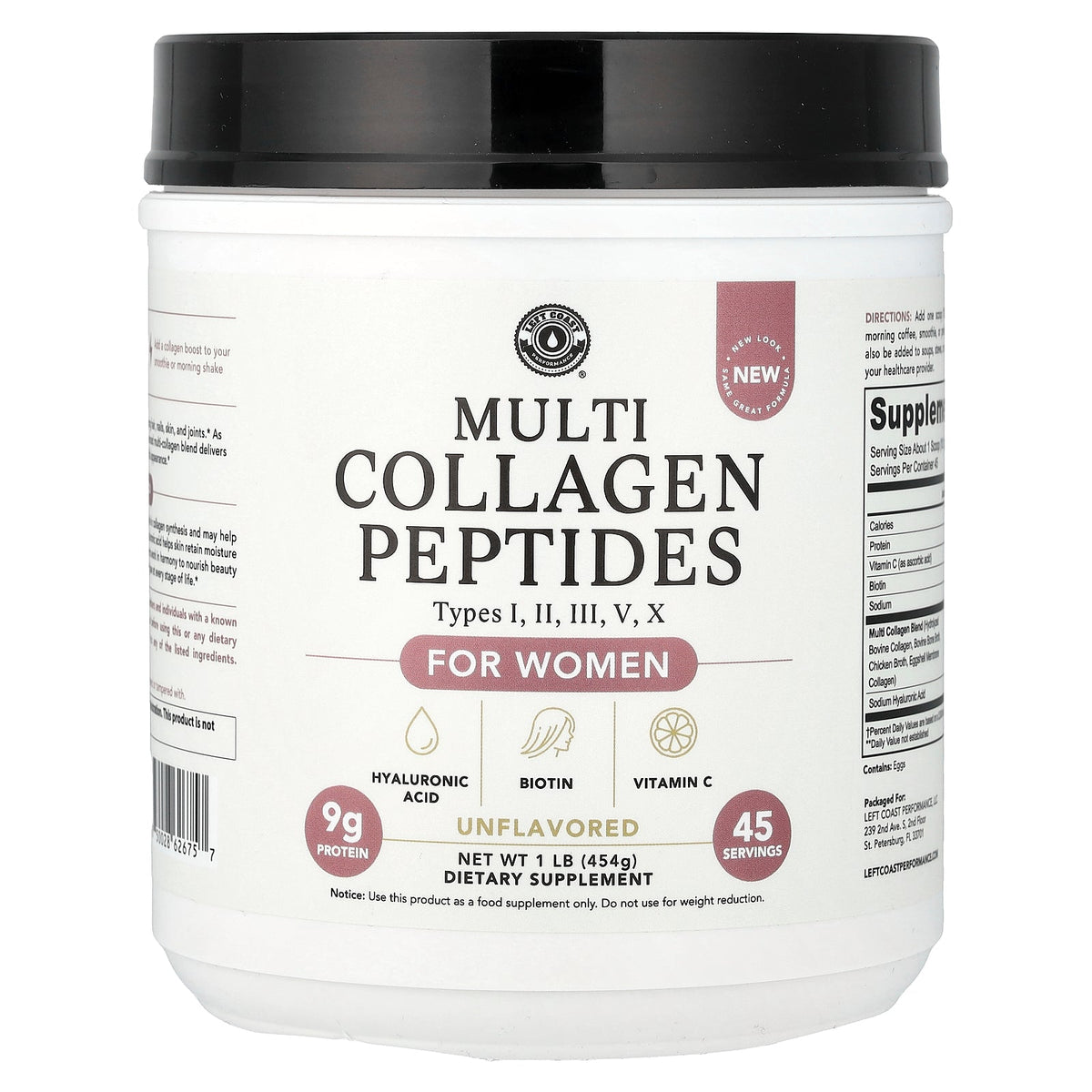 Left Coast Performance, Multi Collagen Peptides For Women, Unflavored, 1 lb (454 g)