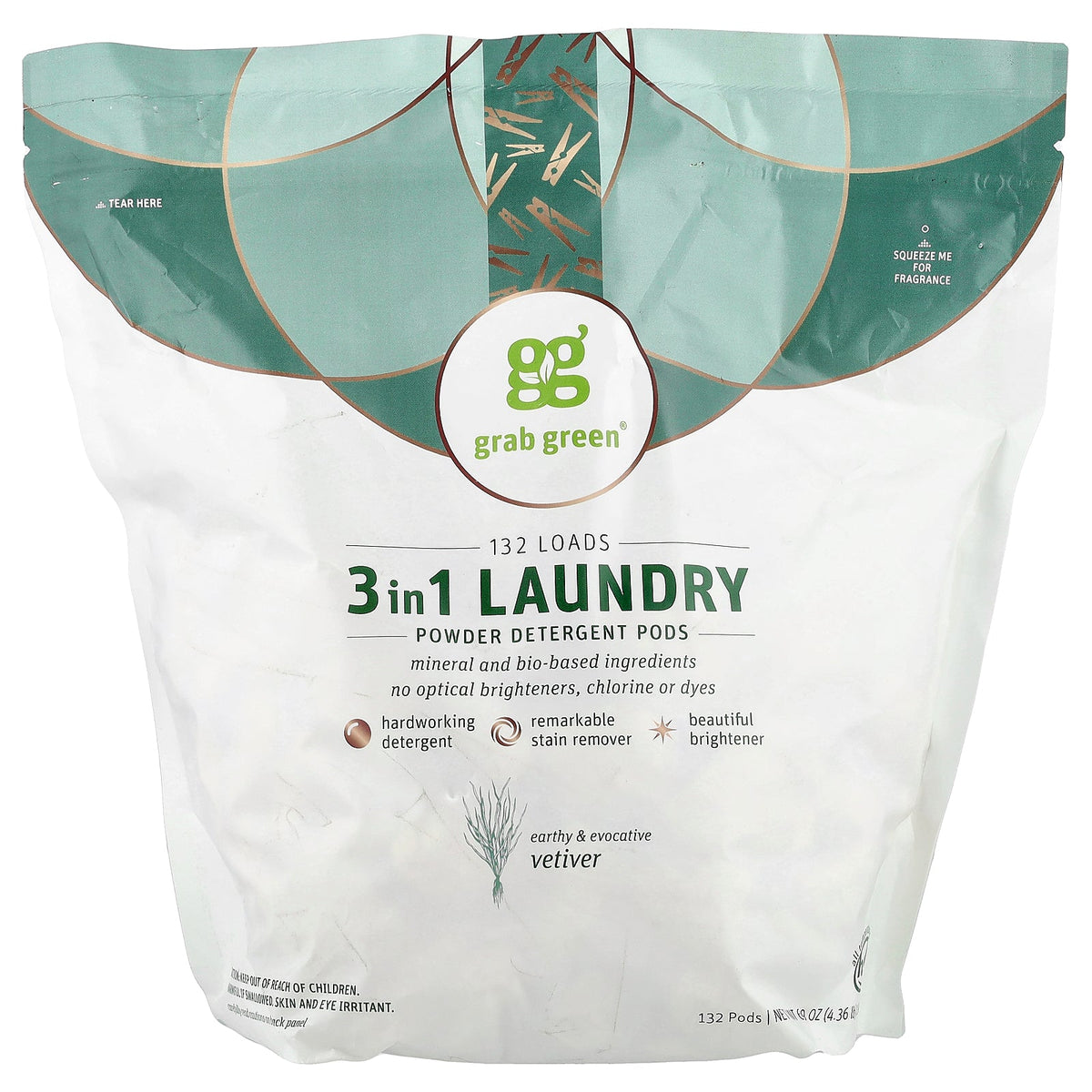 Grab Green, 3-in-1 Laundry Powder Detergent Pods, Vetiver, 132 Loads, 4 lbs (2,112 g)