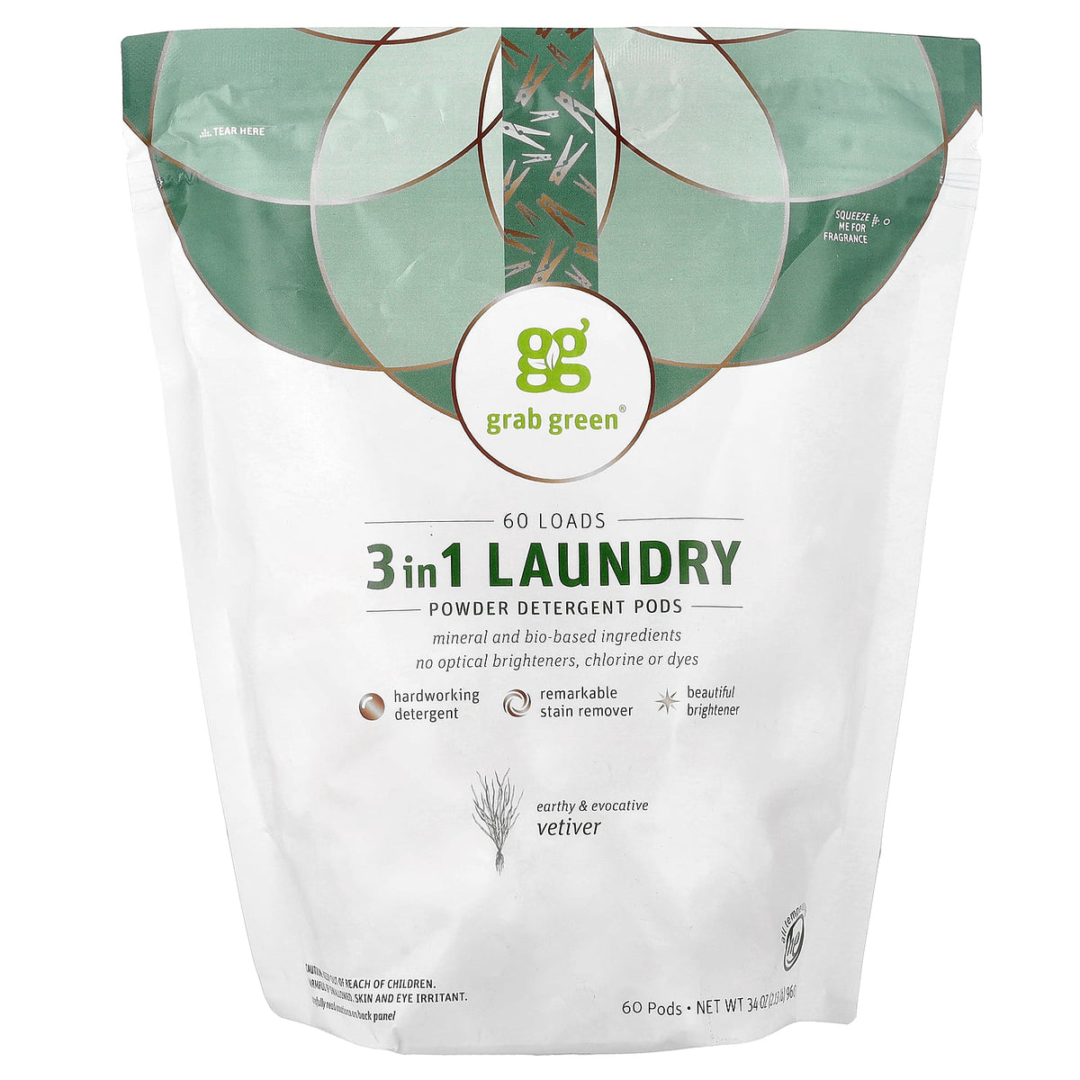 Grab Green, 3-in-1 Laundry Powder Detergent Pods, Vetiver, 60 Pods, 34 oz (960 g)