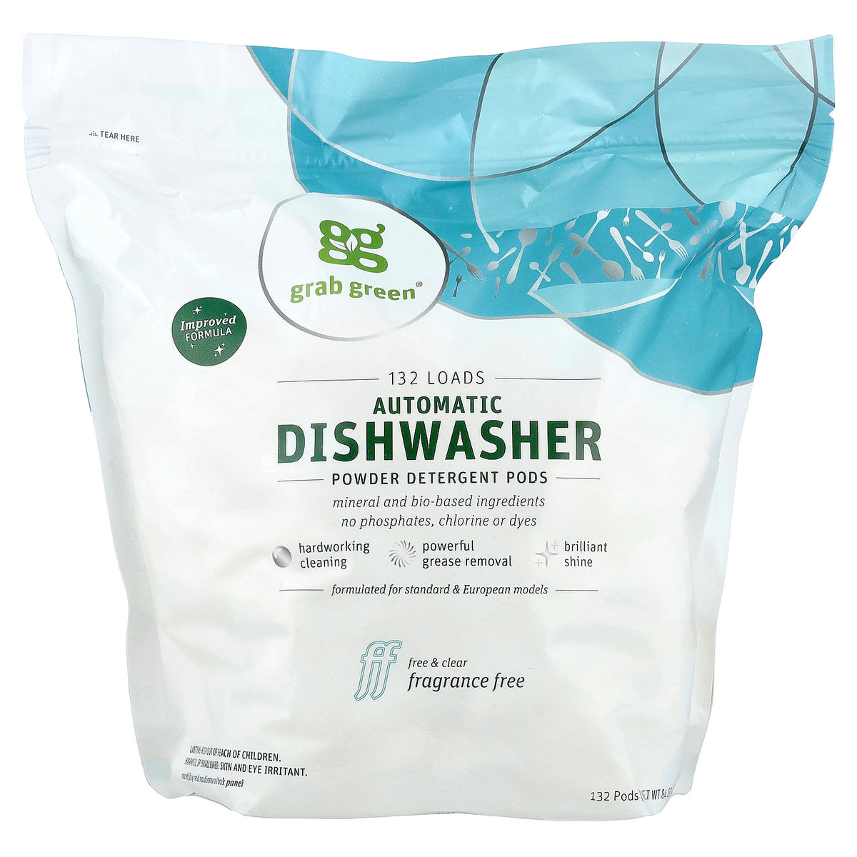 Grab Green, Automatic Dishwasher Powder Detergent Pods, Fragrance Free, 132 Loads, 5 lbs 4 oz (2,376 g)