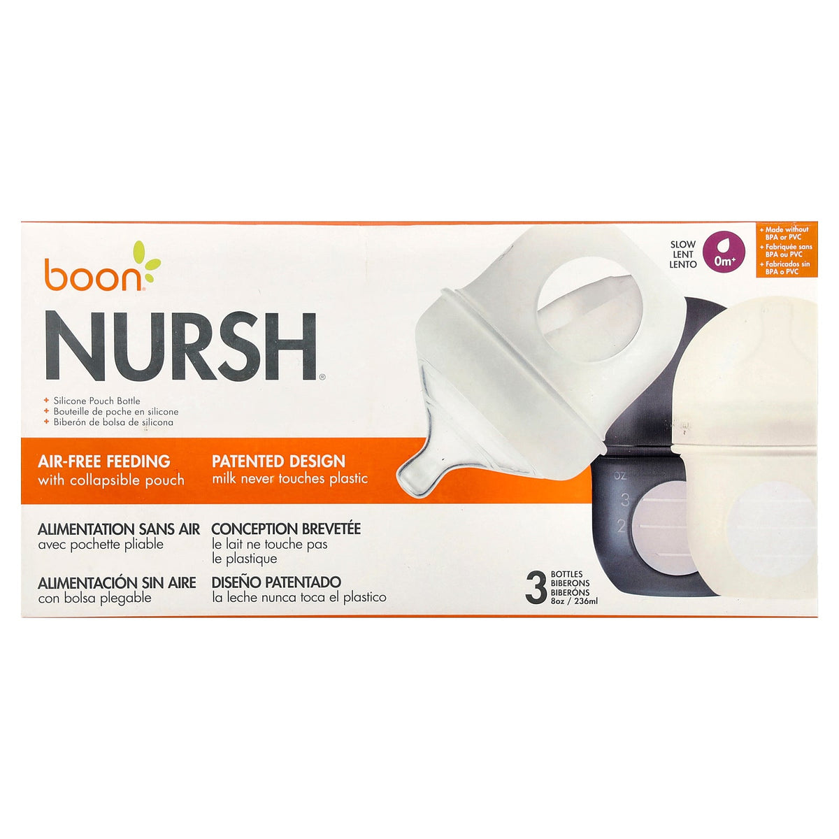 Boon, Nursh®, Silicone Pouch Bottle, 0m+, Slow, 3 Bottles, 4 oz (118 ml) Each