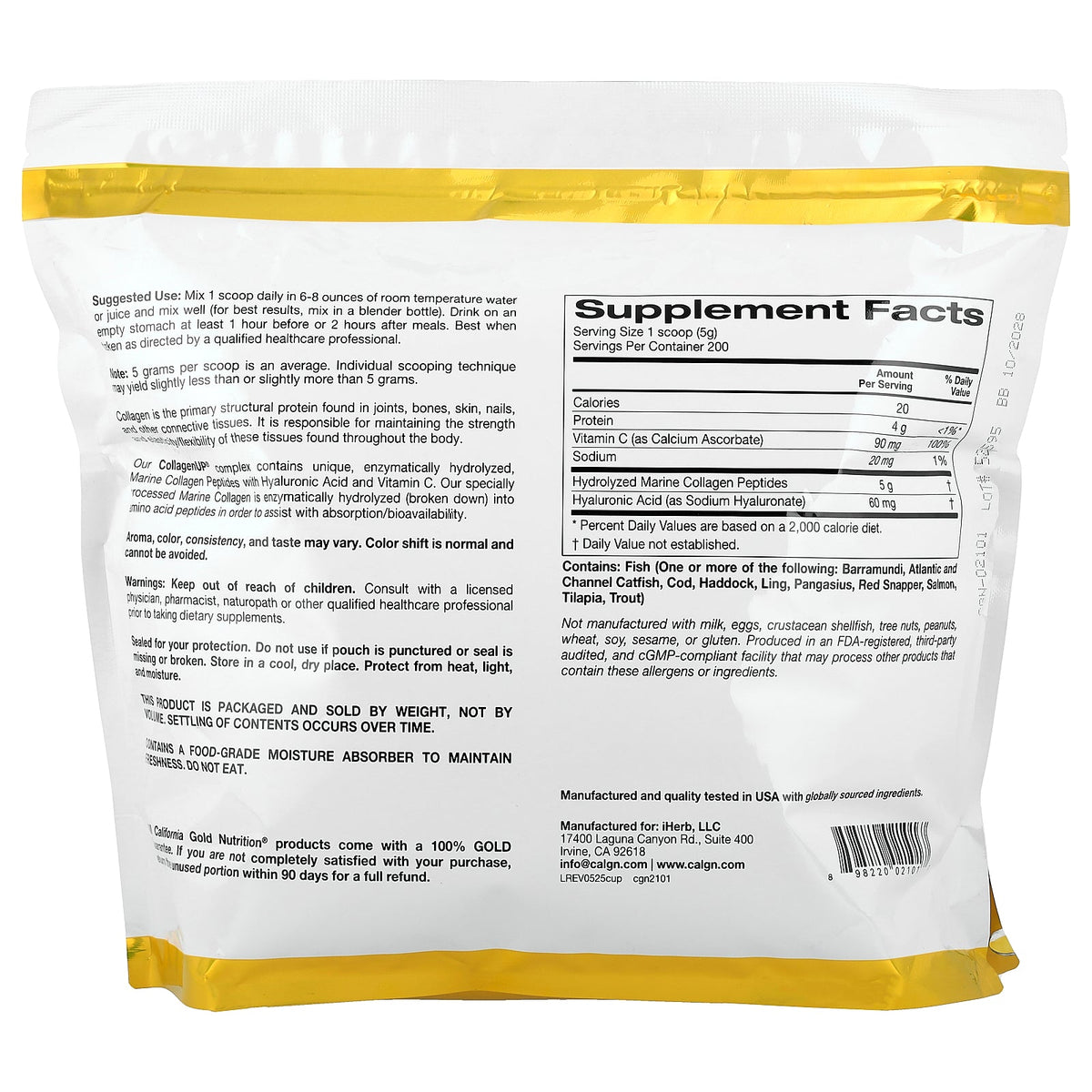 California Gold Nutrition, CollagenUP®, Hydrolyzed Marine Collagen Peptides with Hyaluronic Acid, Unflavored, 2.2 lb (1 kg)