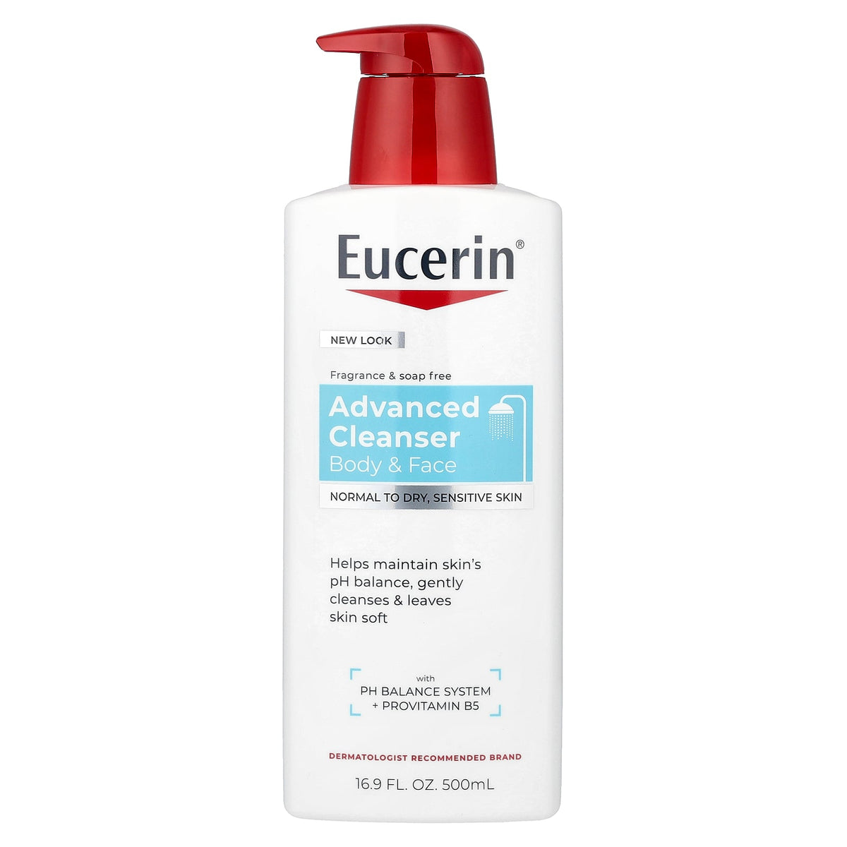 Eucerin, Body & Face, Advanced Cleanser, Normal to Dry, Sensitive Skin, Fragrance Free, 16.9 fl oz (500 ml)