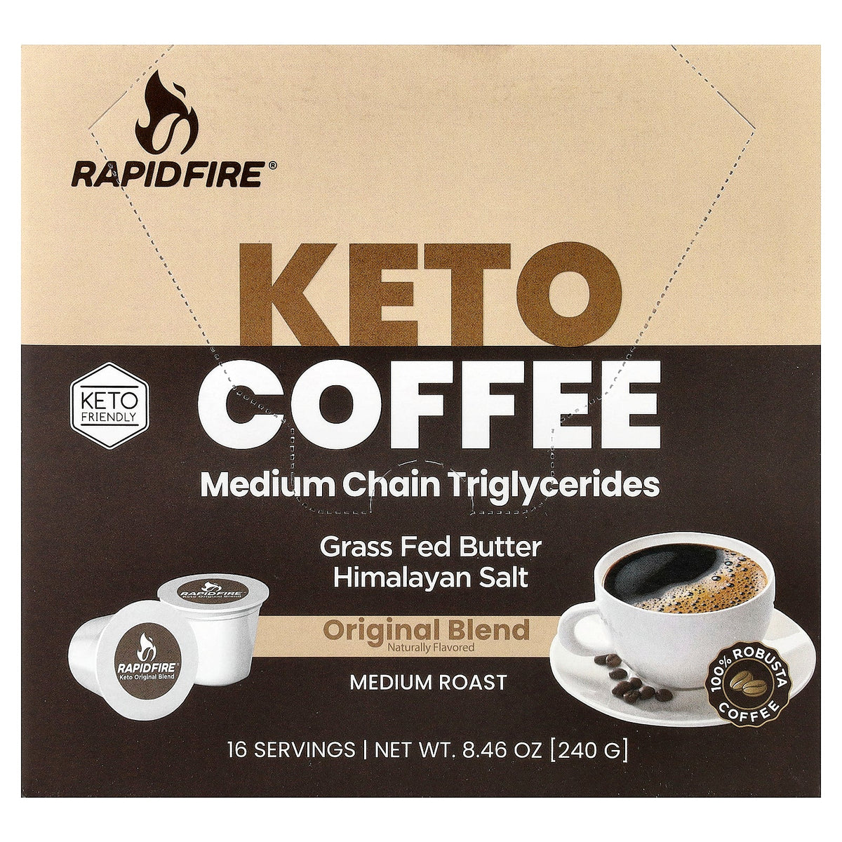 RAPIDFIRE, Keto Coffee Pods, Original Blend, Medium Roast, 16 Pods, 8.46 oz (240 g)