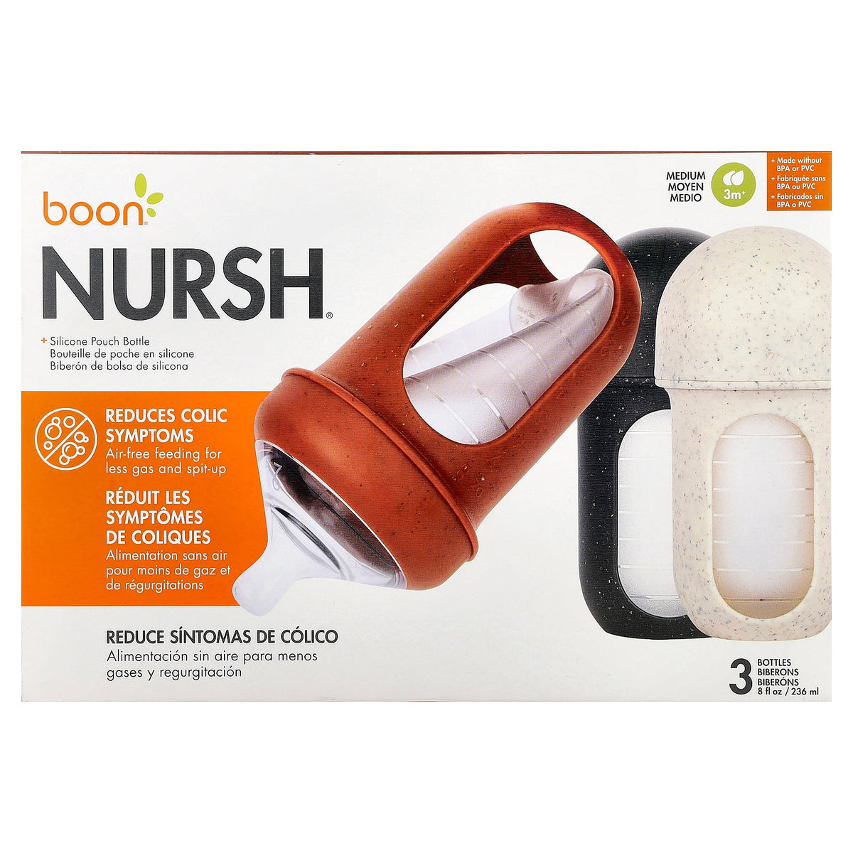 Boon, Nursh®, Silicone Pouch Bottle, Medium, 3 Months +, 3 Bottles, 8 oz (236 ml) Each