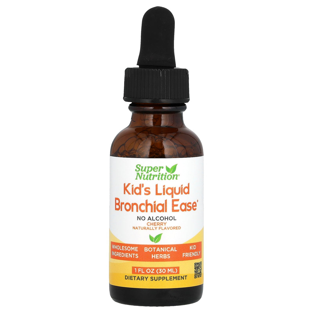 Super Nutrition, Kid's Liquid Bronchial Ease with Lovage Root, Fresh Yerba Santa Leaf, Licorice Root, and Mullein Leaf, No Alcohol, Cherry, 1 fl oz (30 ml)
