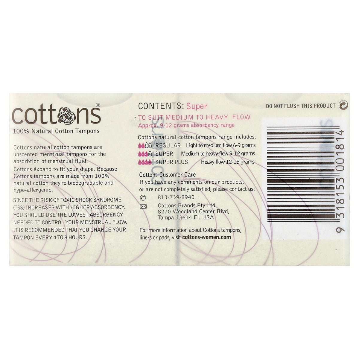 Cottons, 100% Natural Cotton Tampons, Super, Unscented, 16 Tampons