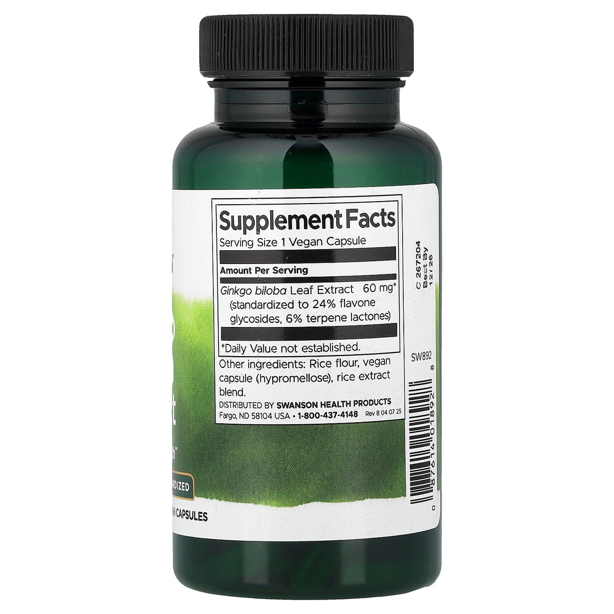 Swanson Vitamins, Ginkgo Biloba Extract, Standardized, 60 mg, 120 Vegan Capsules