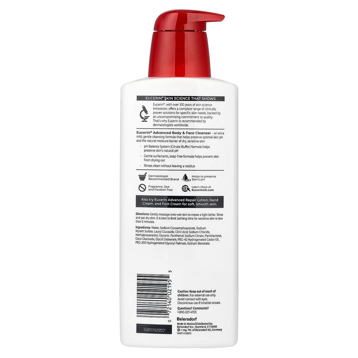 Eucerin, Body & Face, Advanced Cleanser, Normal to Dry, Sensitive Skin, Fragrance Free, 16.9 fl oz (500 ml)