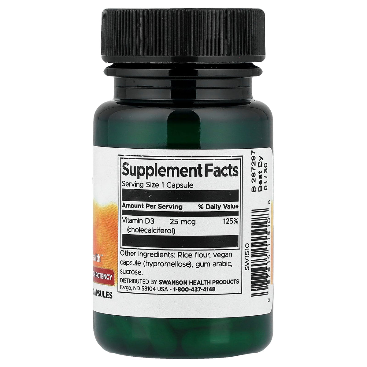 Swanson Vitamins, Vitamin D3, High Potency, 25 mcg (1,000 IU), 60 Capsules