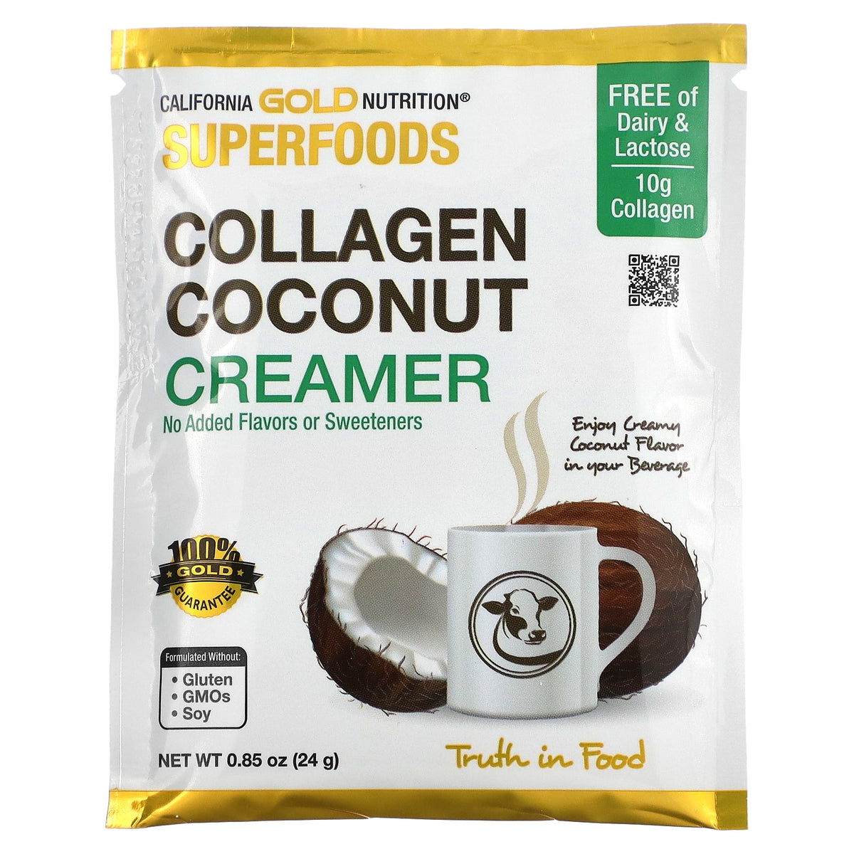 California Gold Nutrition, Superfoods, Collagen Coconut Creamer with Organic Coconut Milk Powder, and Hydrolyzed Collagen Peptides, Unsweetened, 12 Packets 0.85 oz (24 g) Each