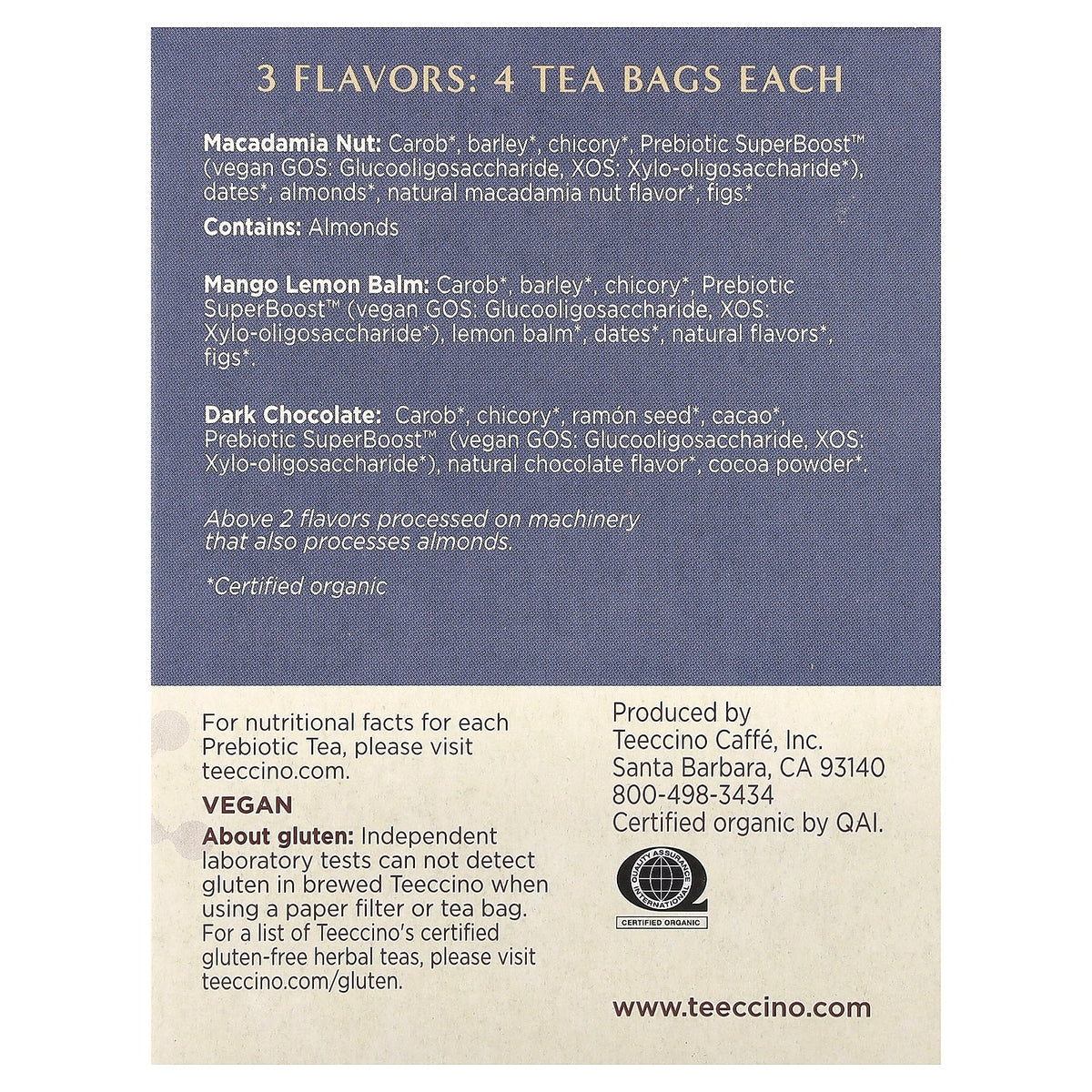 Teeccino, Prebiotic Herbal Tea Sampler, 3 Flavors, Caffeine Free, 12 Tea Bags, 2.54 oz (72 g)