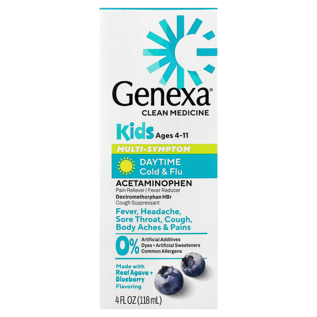 Genexa, Kids' Multi-Symptom Daytime Cold & Flu, Ages 4+, Agave + Blueberry, 4 fl oz (118 ml)