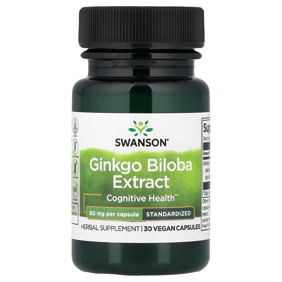 Swanson Vitamins, Ginkgo Biloba Extract, Standardized, 60 mg, 30 Vegan Capsules