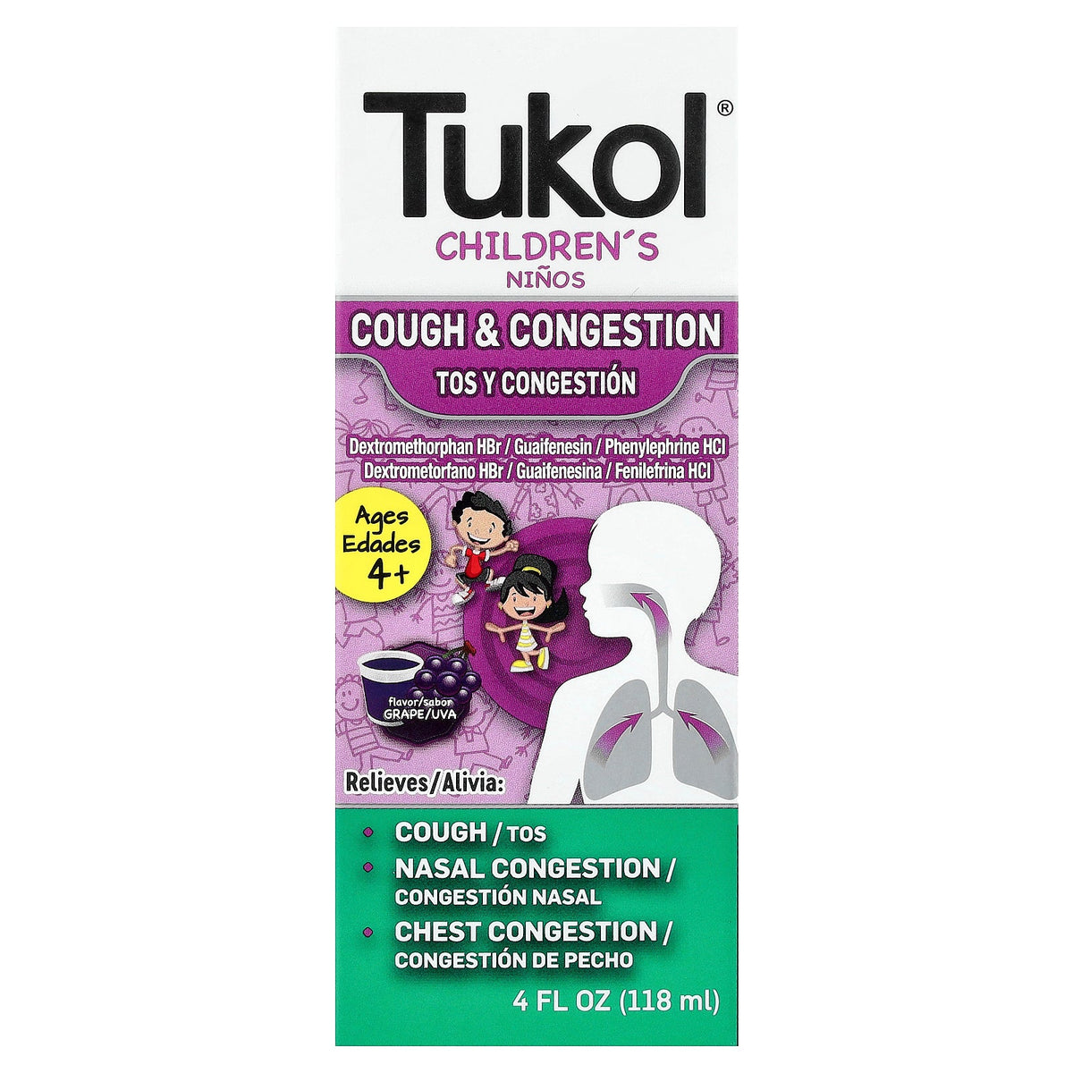 Tukol, Children's, Cough & Congestion, Ages 4+, Grape, 4 fl oz (118 ml)