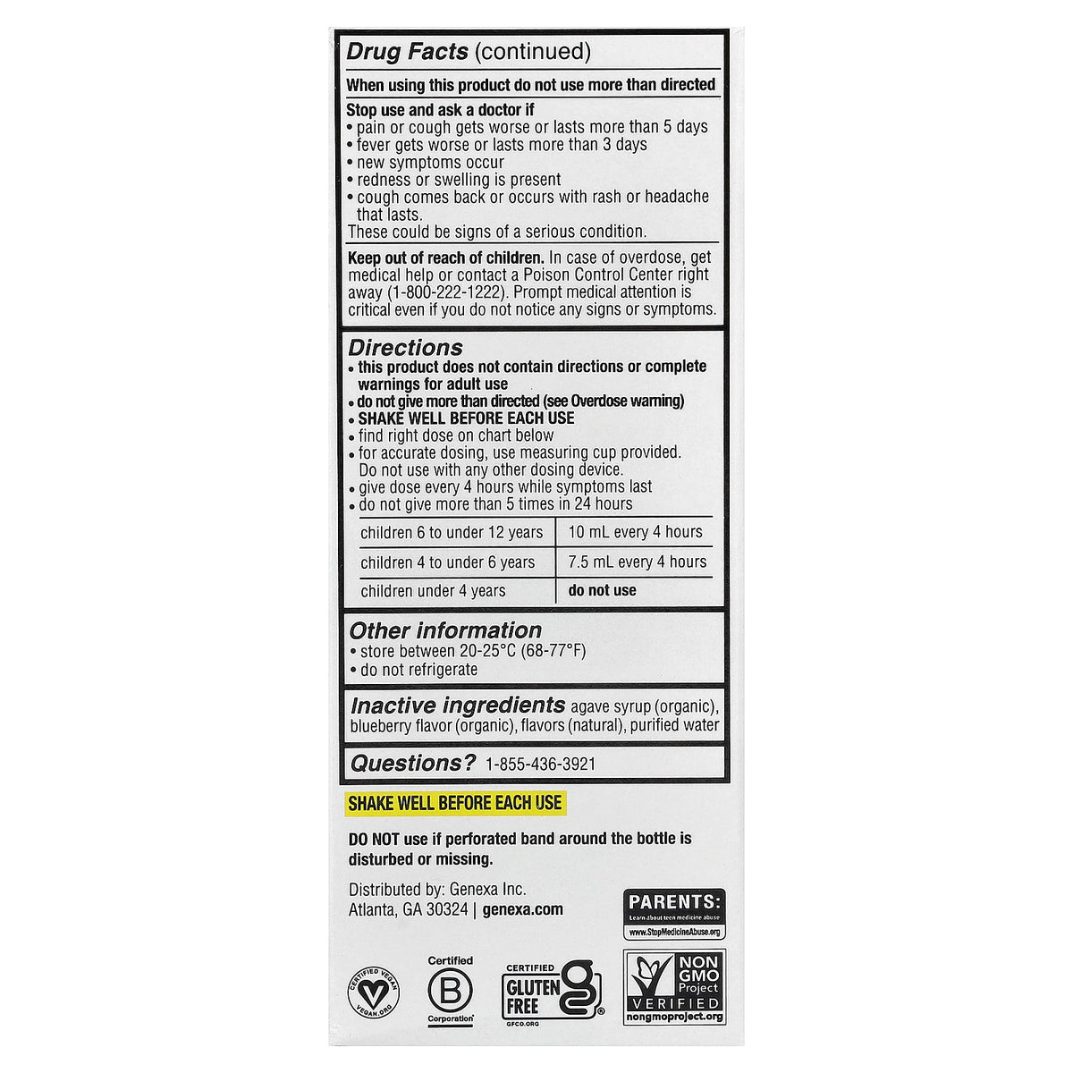 Genexa, Kids' Multi-Symptom Daytime Cold & Flu, Ages 4+, Agave + Blueberry, 4 fl oz (118 ml)
