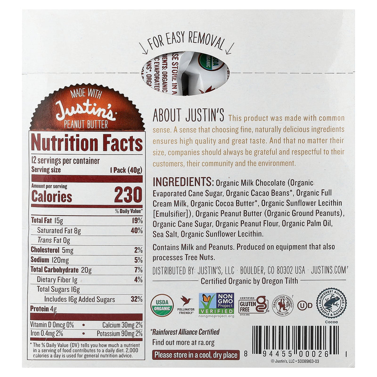 Justin's Nut Butter, Organic Peanut Butter Cups, Milk Chocolate, 12 Two-Cup Packages, 1.4 oz (40 g) Each