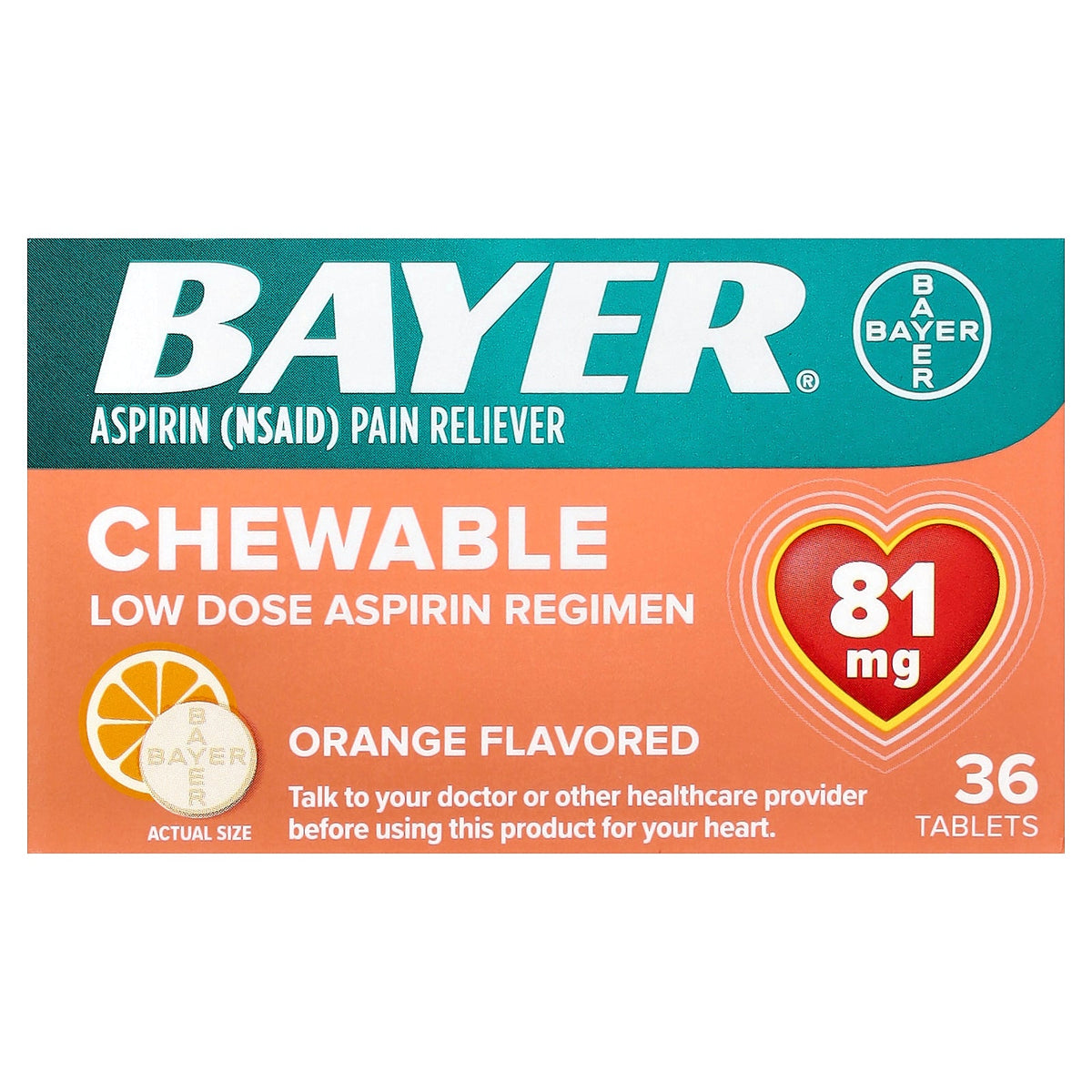 Bayer, Chewable Low Dose Aspirin Regimen, Orange, 81 mg, 36 Tablets