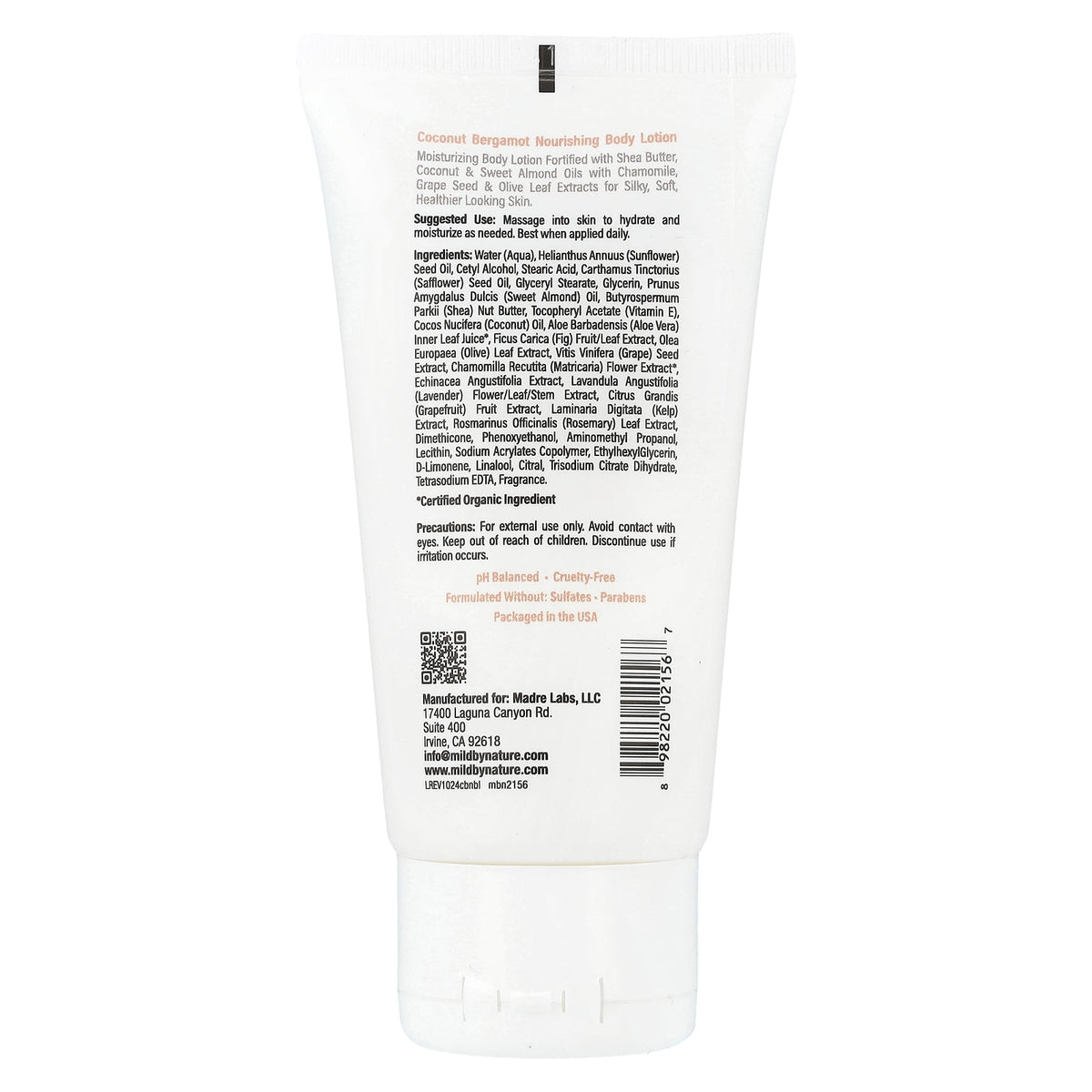 Mild By Nature, Nourishing Body Lotion, Coconut Bergamot, 2.5 fl oz (74 ml)