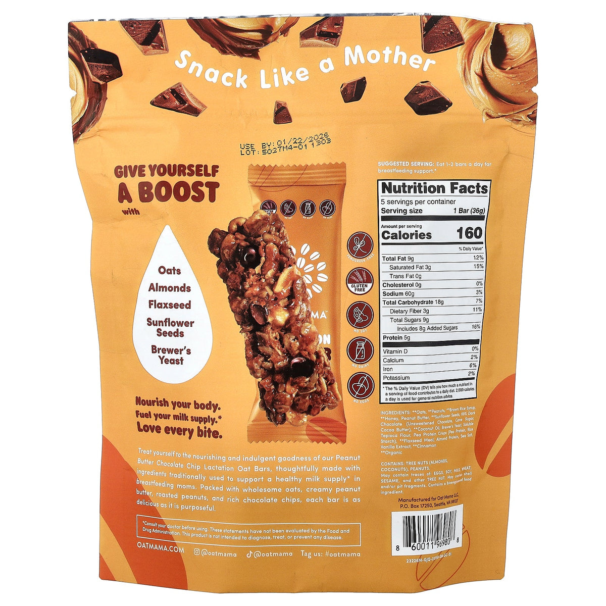Oat Mama, Lactation Oat Bar, Peanut Butter Chocolate Chip, 5 Bars, 1.27 oz (35 g) Each