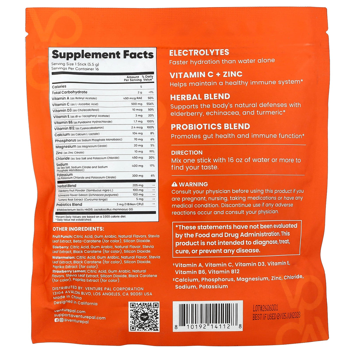 Venture Pal, Immunity Electrolyte Drink Mix, Variety, 16 Stick Packs, 0.19 oz (5.5 g) Each