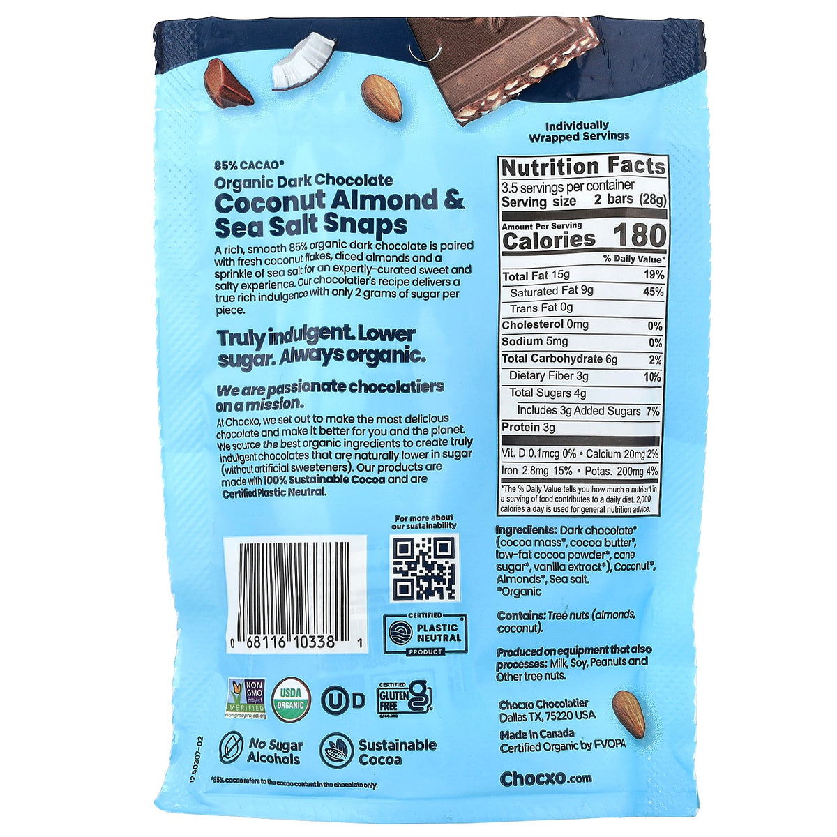 Chocxo, Organic Dark Chocolate Coconut, Almond & Sea Salt Snaps, 7 Bars, 0.5 oz (14 g) Each