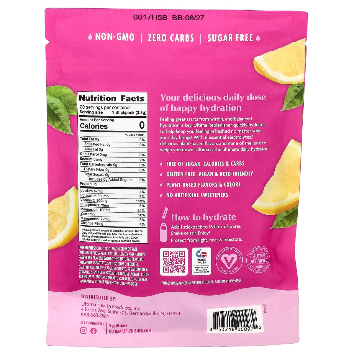Ultima Replenisher, 6 Essential Electrolytes, Daily Electrolyte Drink Mix, Pink Lemonade, 20 Stickpacks, 0.12 oz (3.3 g) Each