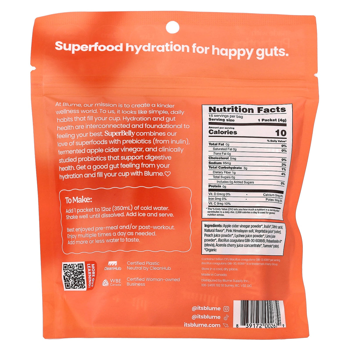 Blume, SuperBelly®, Peach Lychee, 15 Packets, 0.14 oz (4 g) Each