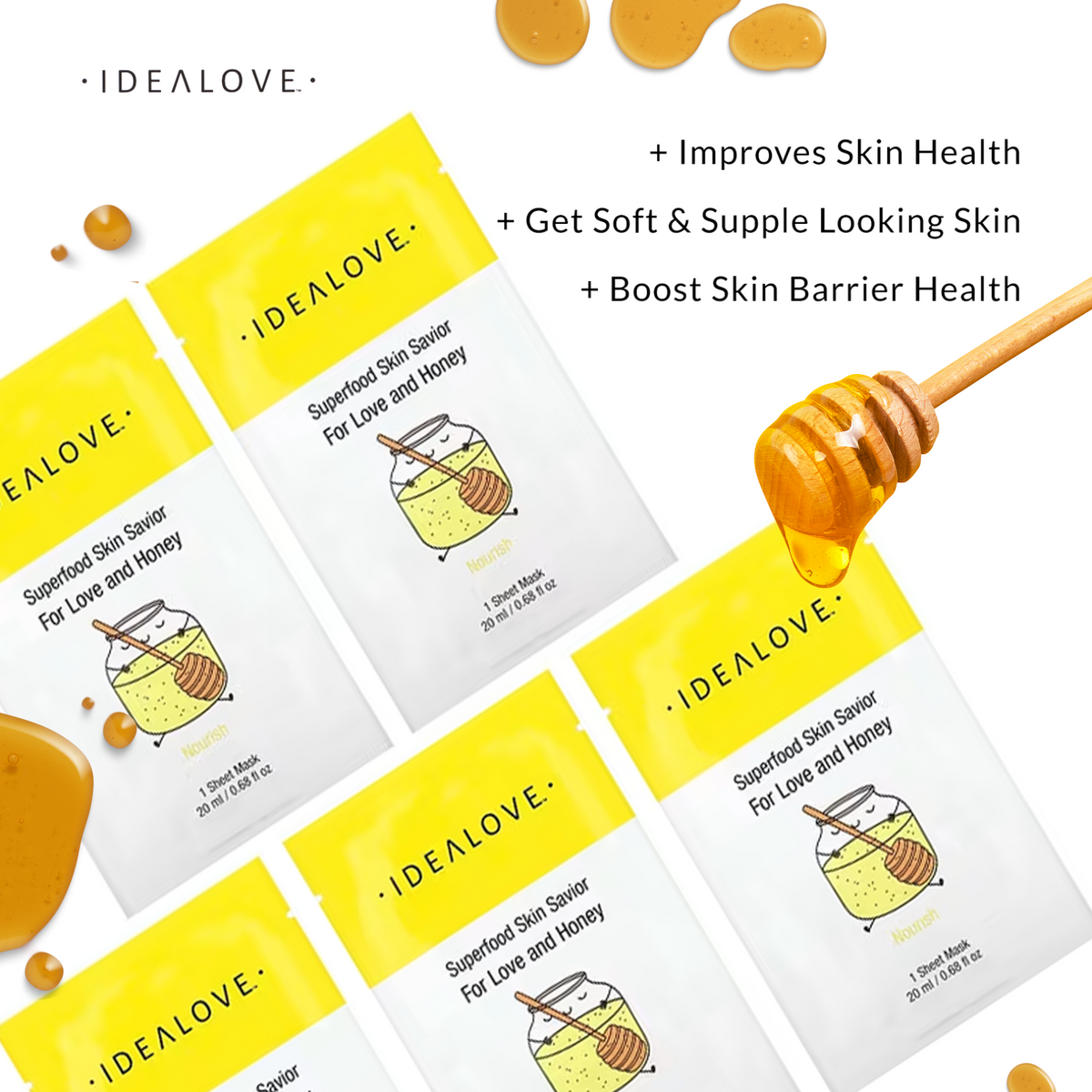 Idealove, Superfood Skin Savior Beauty Masks, For Love and Honey, 5 Sheets, 0.68 fl oz (20 ml) Each