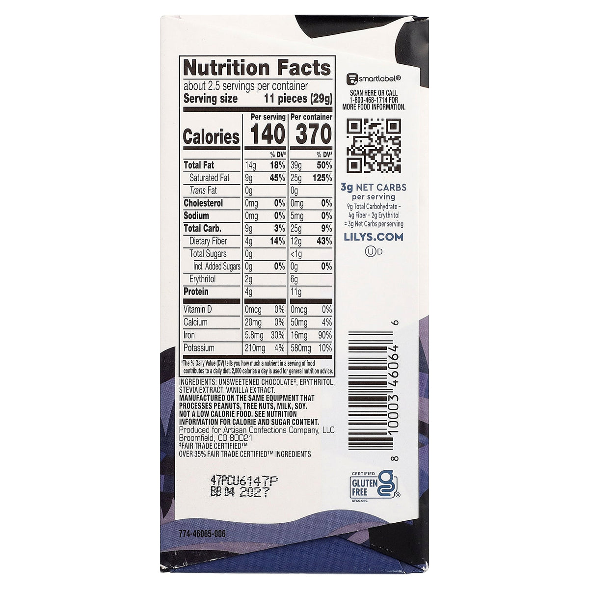 Lily's Sweets, Extra Dark Chocolate Style Bar, Intensely Dark, 92% Cocoa, 2.8 oz (79 g)