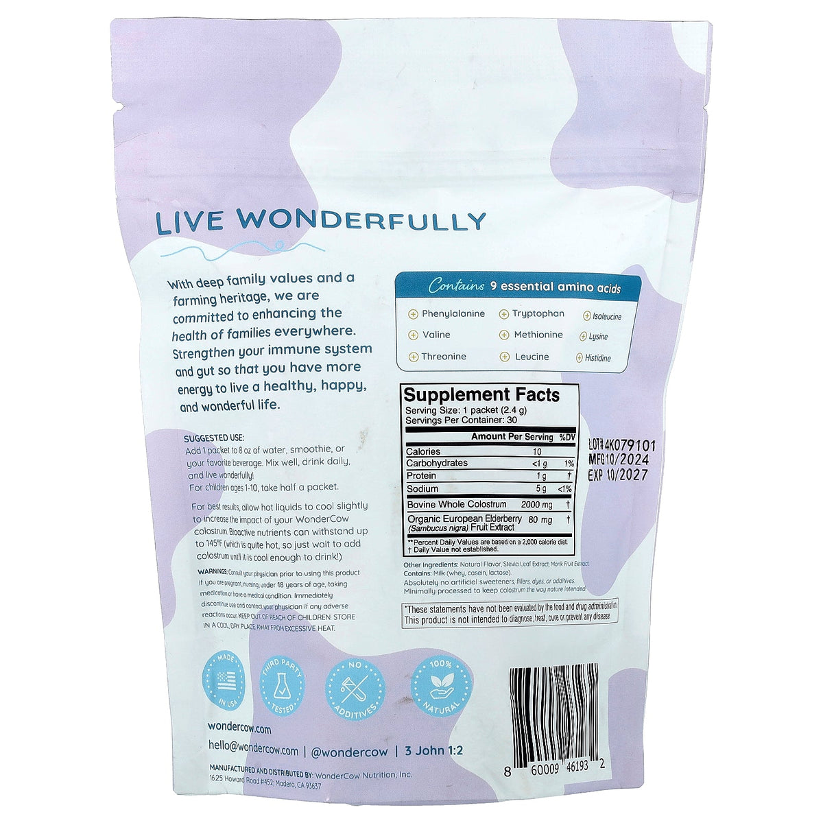 Wondercow, Colostrum Powder, Elderberry, 30 Packets, 0.08 oz (2.4 g) Each