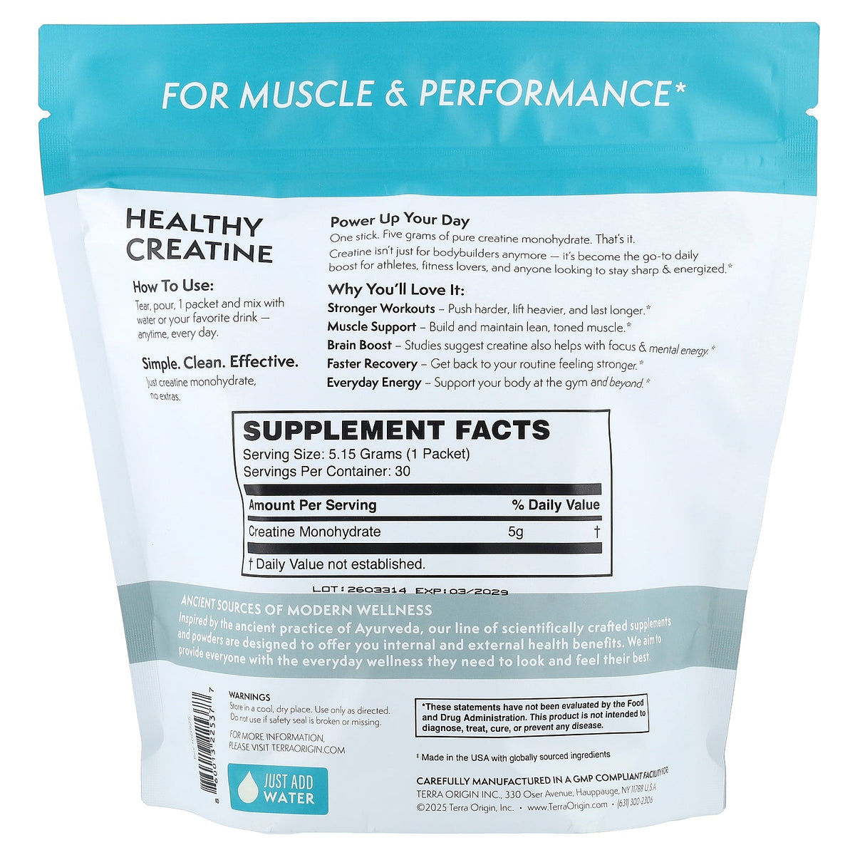 Terra Origin, Healthy Creatine, Unflavored, 30 On-The-Go Packets, 0.18 oz (5.15 g) Each