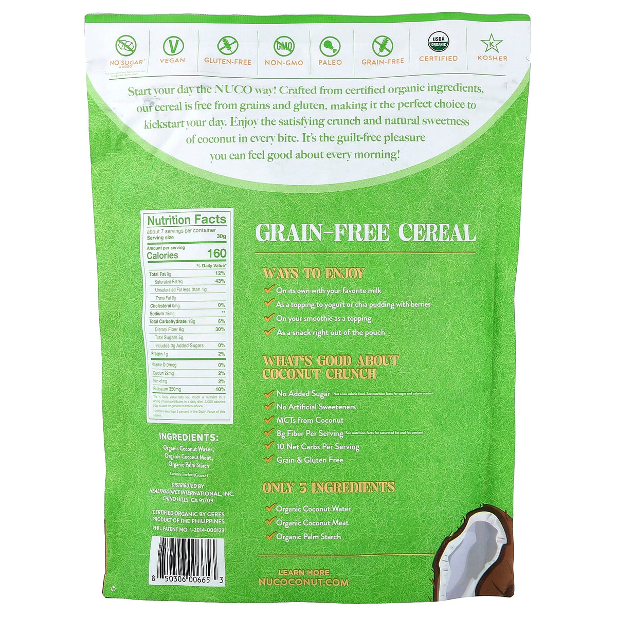 NUCO, Grain-Free Cereal, Organic Coconut Crunch, 7.05 oz (200 g)