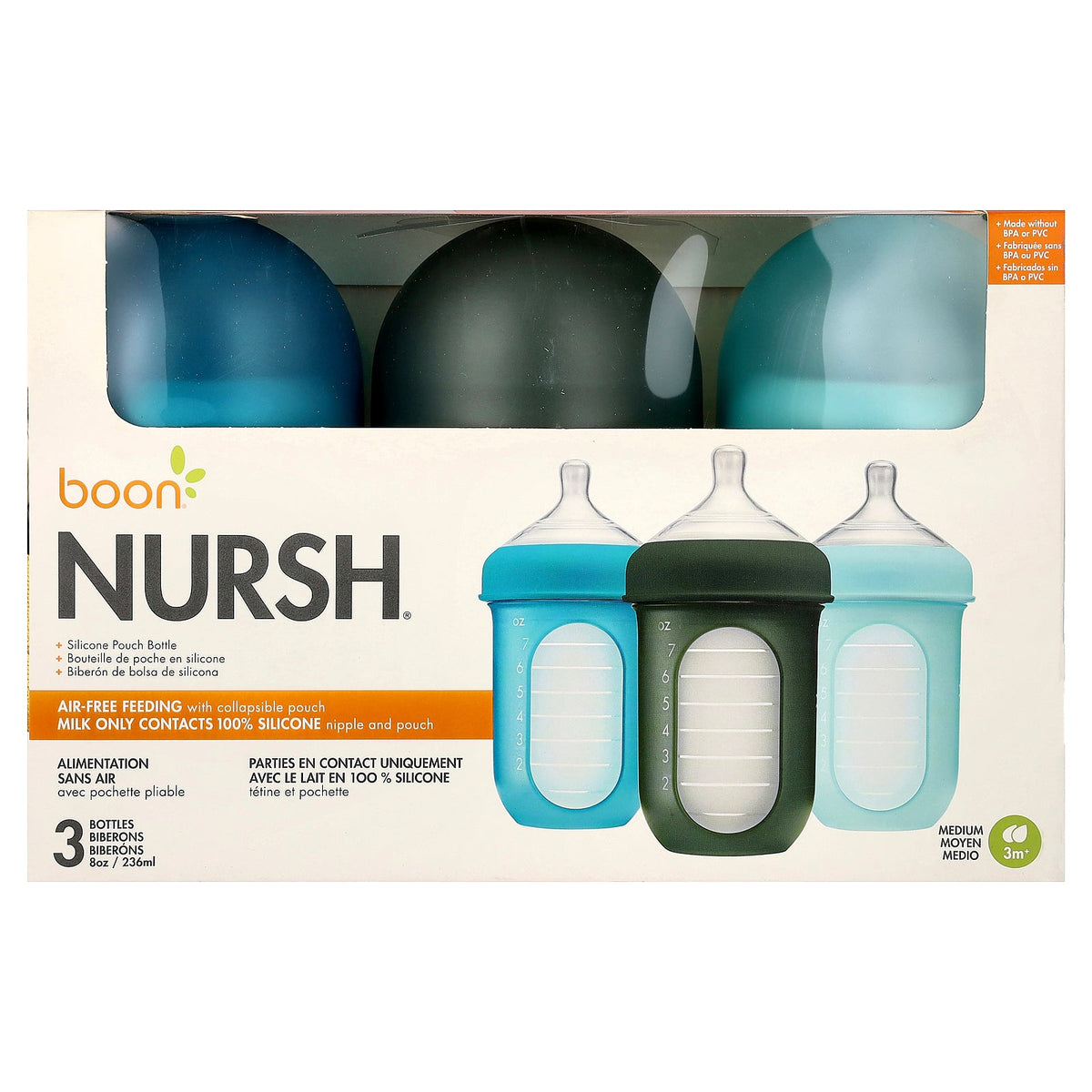 Boon, Nursh®, Silicone Pouch Bottle, 3m+, Medium, 3 Bottles, 8 oz (236 ml) Each