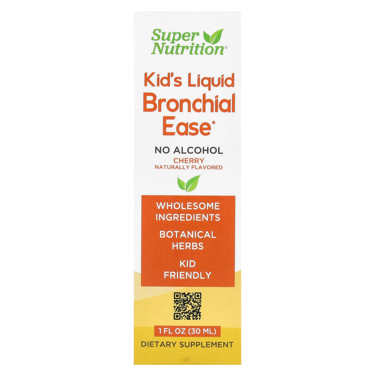 Super Nutrition, Kid's Liquid Bronchial Ease with Lovage Root, Fresh Yerba Santa Leaf, Licorice Root, and Mullein Leaf, No Alcohol, Cherry, 1 fl oz (30 ml)