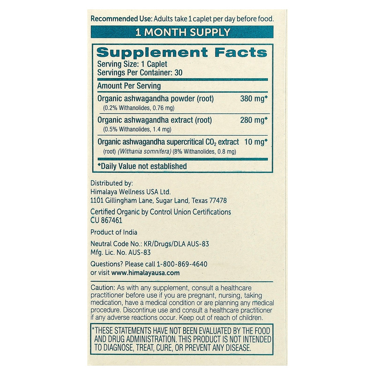 Himalaya, Organic Ashwagandha, 30 Caplets