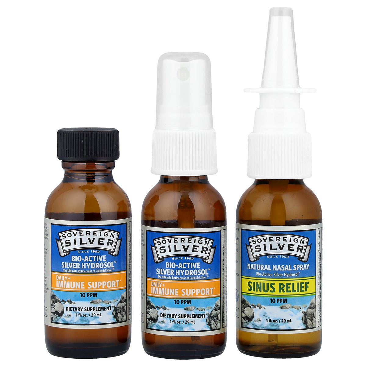 Sovereign Silver, Bio-Active Silver Hydrosol™, Daily + Immune Support, Sinus Relief, Trial & Travel Kit, 3 Piece Kit, 1 fl oz (29 ml) Each