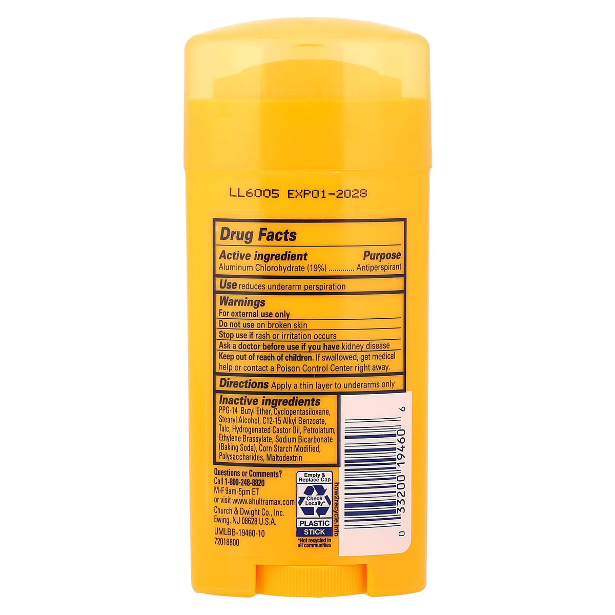 Arm & Hammer, UltraMax™, Solid Antiperspirant Deodorant, Unscented, 2.6 oz (73 g)
