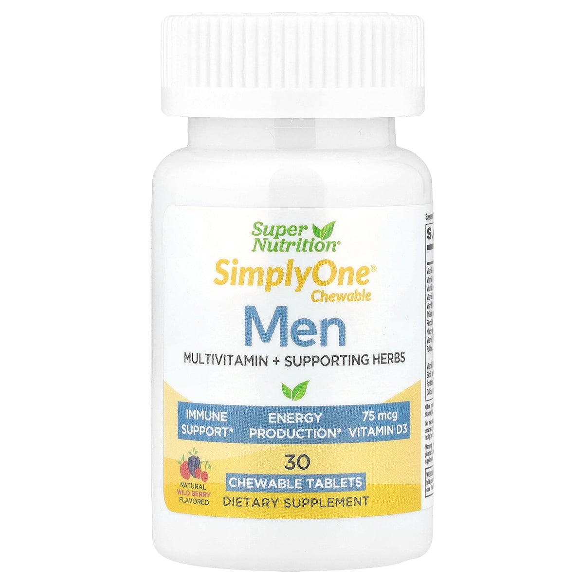 Super Nutrition, SimplyOne®, Men’s Multivitamin + Supporting Herbs with Vitamin A, Vitamin C, Organic Whole Food and Botanical Blend, Wild-Berry, 30 Chewable Tablets