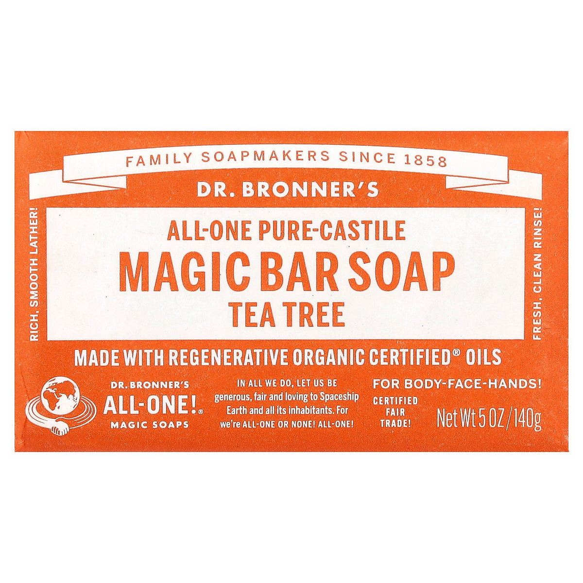 Dr. Bronner's, All-One Pure-Castile Magic Bar Soap, Tea Tree, 5 oz (140 g)