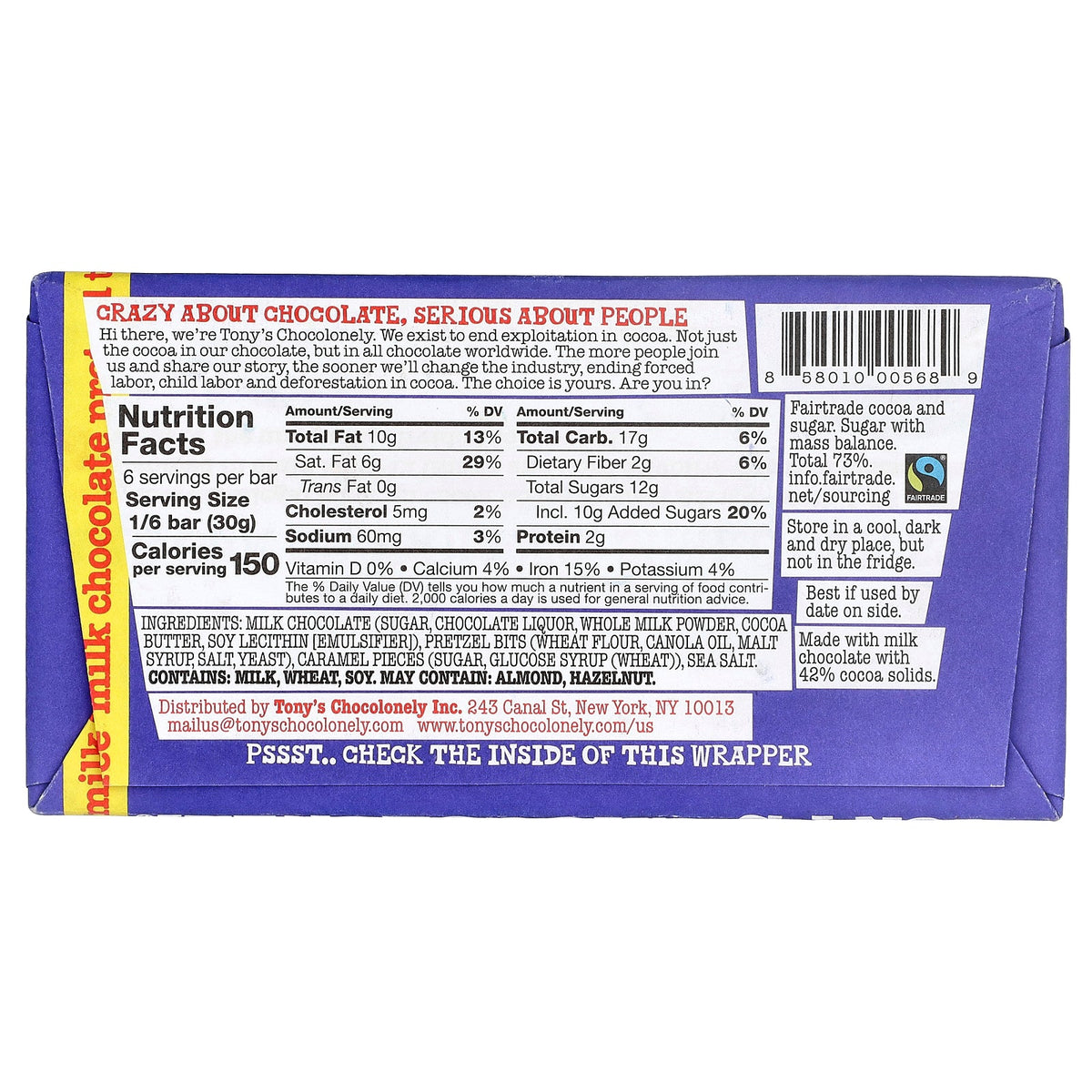 Tony's Chocolonely, Milk Chocolate Bar, Pretzel Toffee, 6.35 oz (180 g)