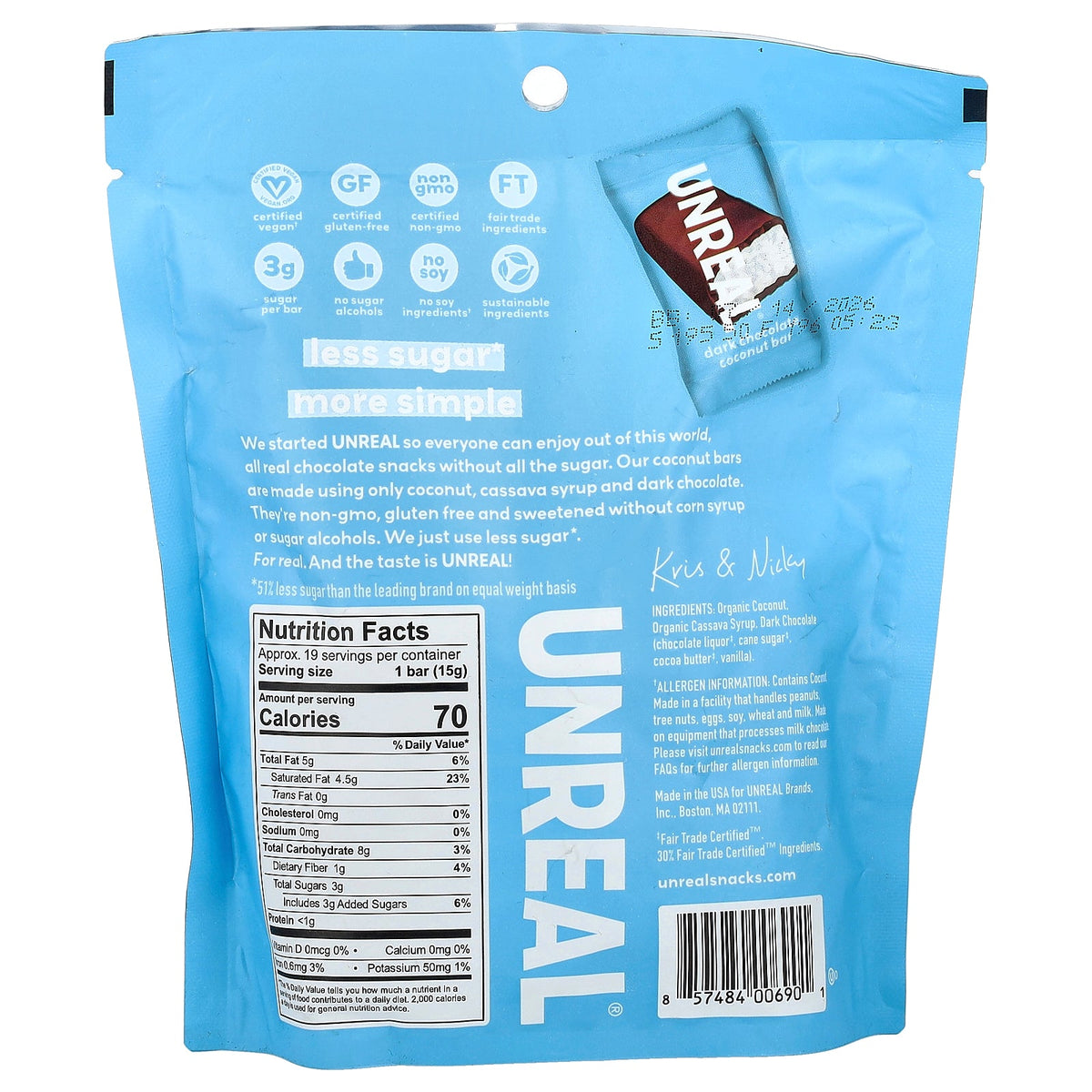 Unreal, Dark Chocolate Coconut Bars, 10 oz (285 g)
