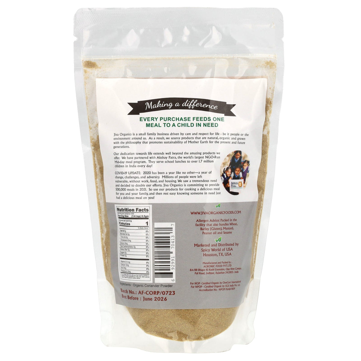 Jiva Organics, Organic Coriander Powder, 7 oz (200 g)