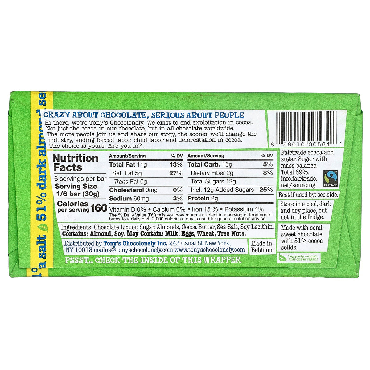 Tony's Chocolonely, Dark Chocolate Bar, Almonds Sea Salt, 6.35 oz (180 g)