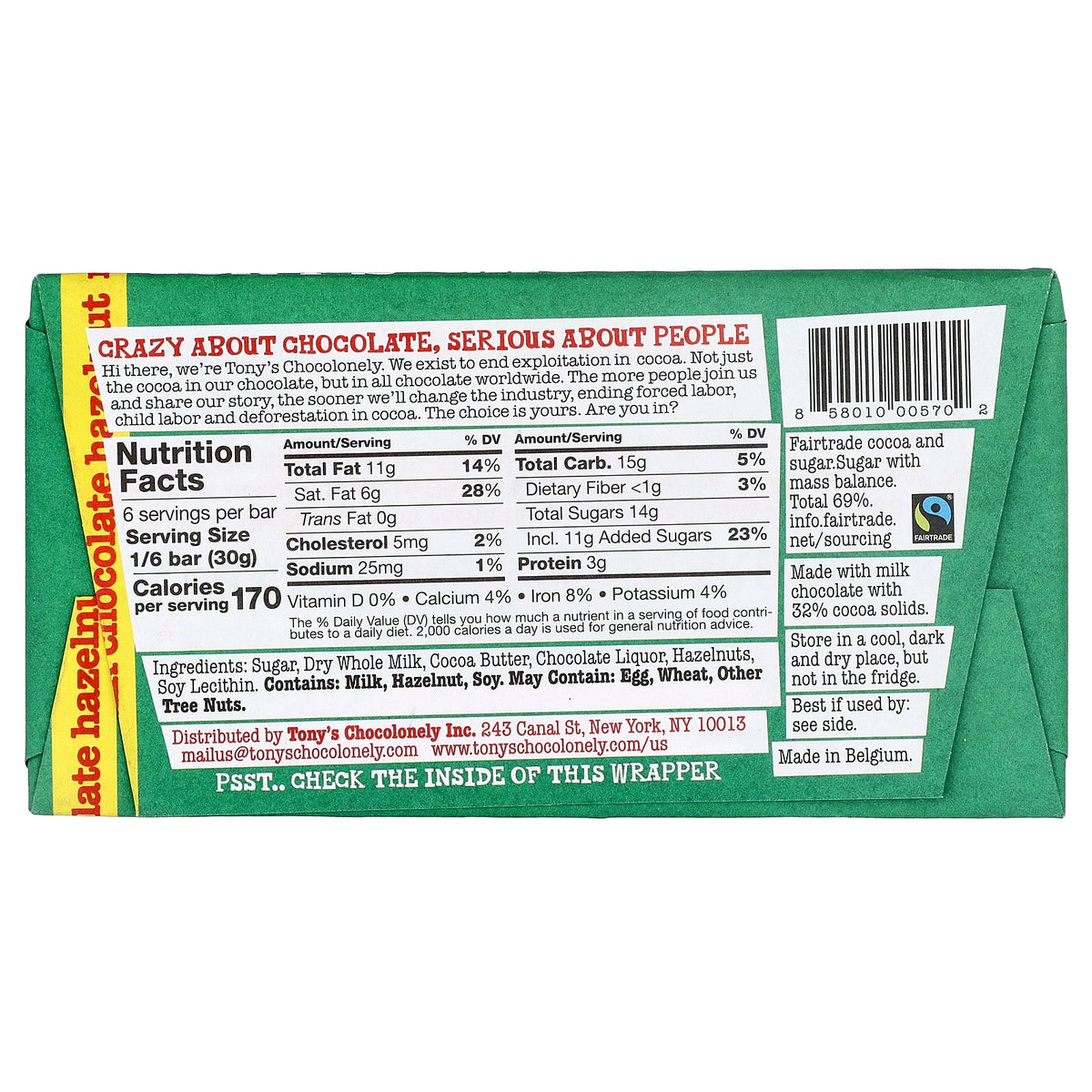 Tony's Chocolonely, Milk Chocolate Bar with Hazelnuts, 6.35 oz (180 g)