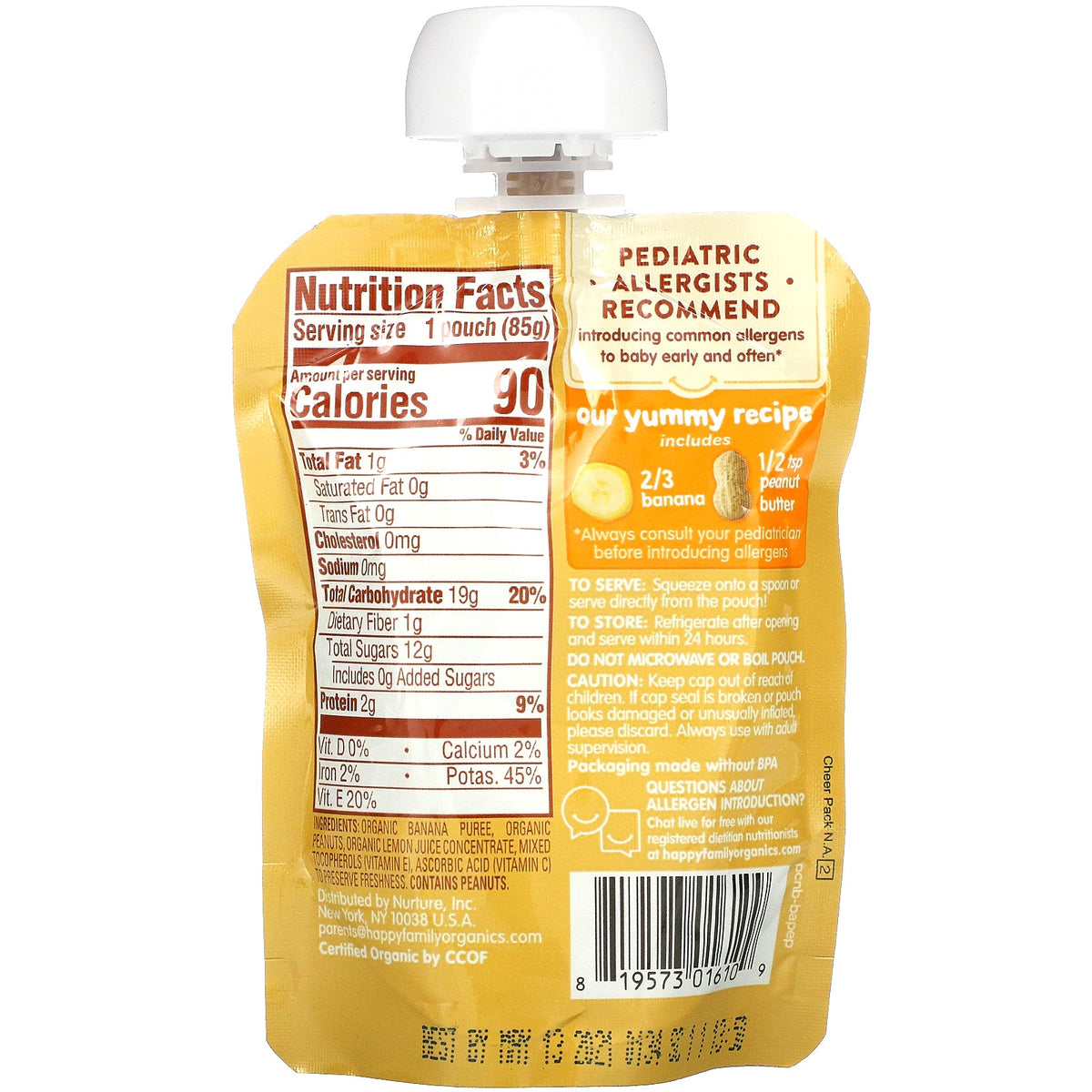 Happy Family Organics, Happy Baby®, Nutty Blends™, 6+ Months, Organic Bananas with 1/2 tsp Peanut Butter, 3 oz (85 g)